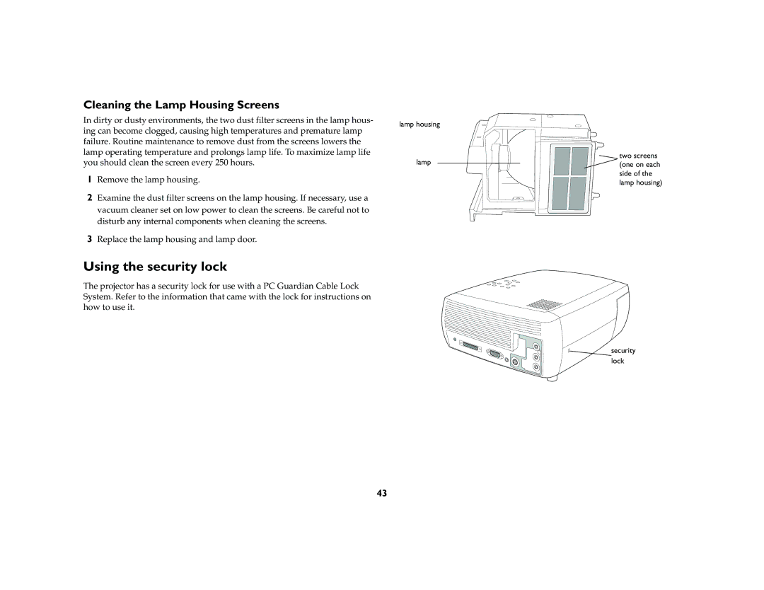 InFocus X2 manual Using the security lock, Cleaning the Lamp Housing Screens 