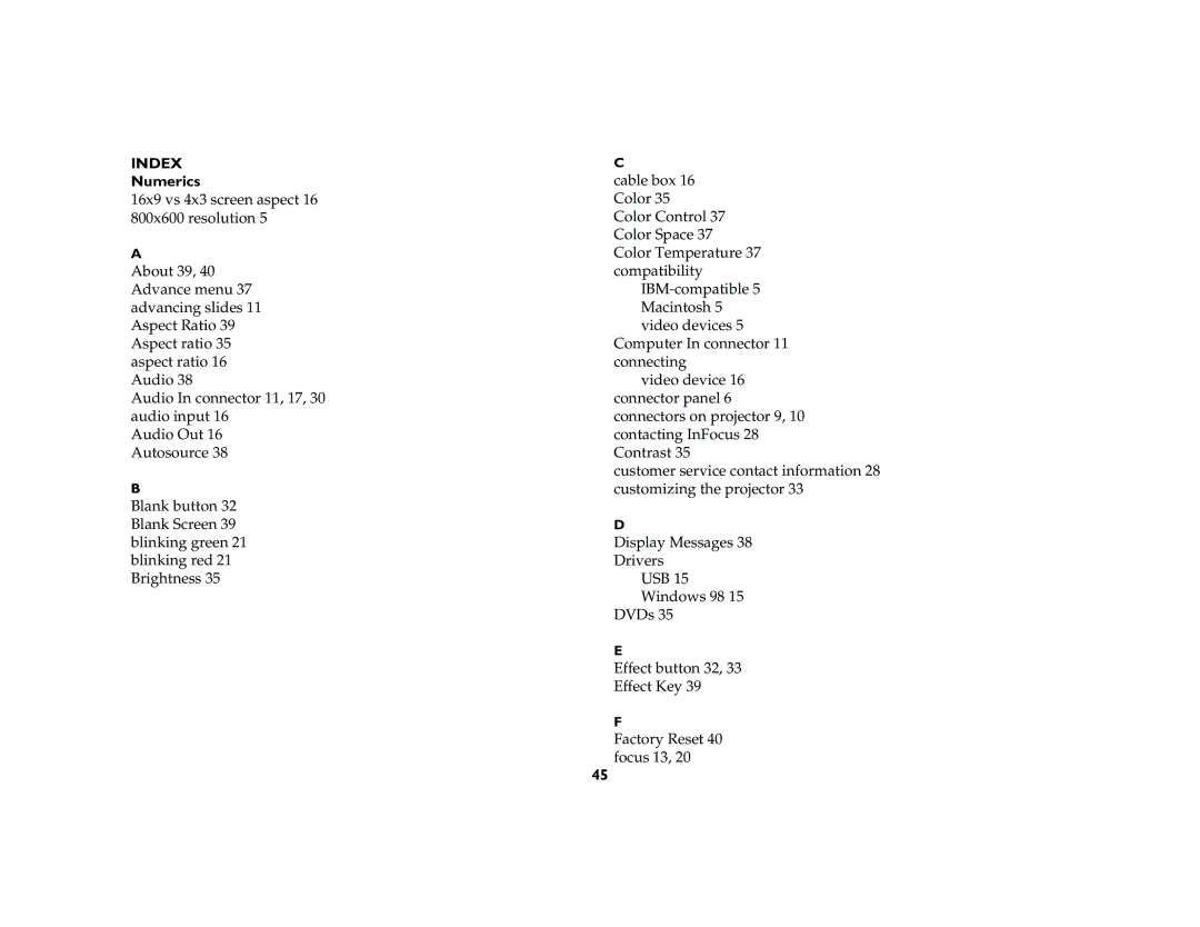 InFocus X2 manual Index, Numerics 