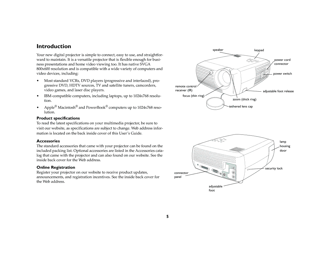 InFocus X2 manual Introduction, Product specifications, Accessories, Online Registration 