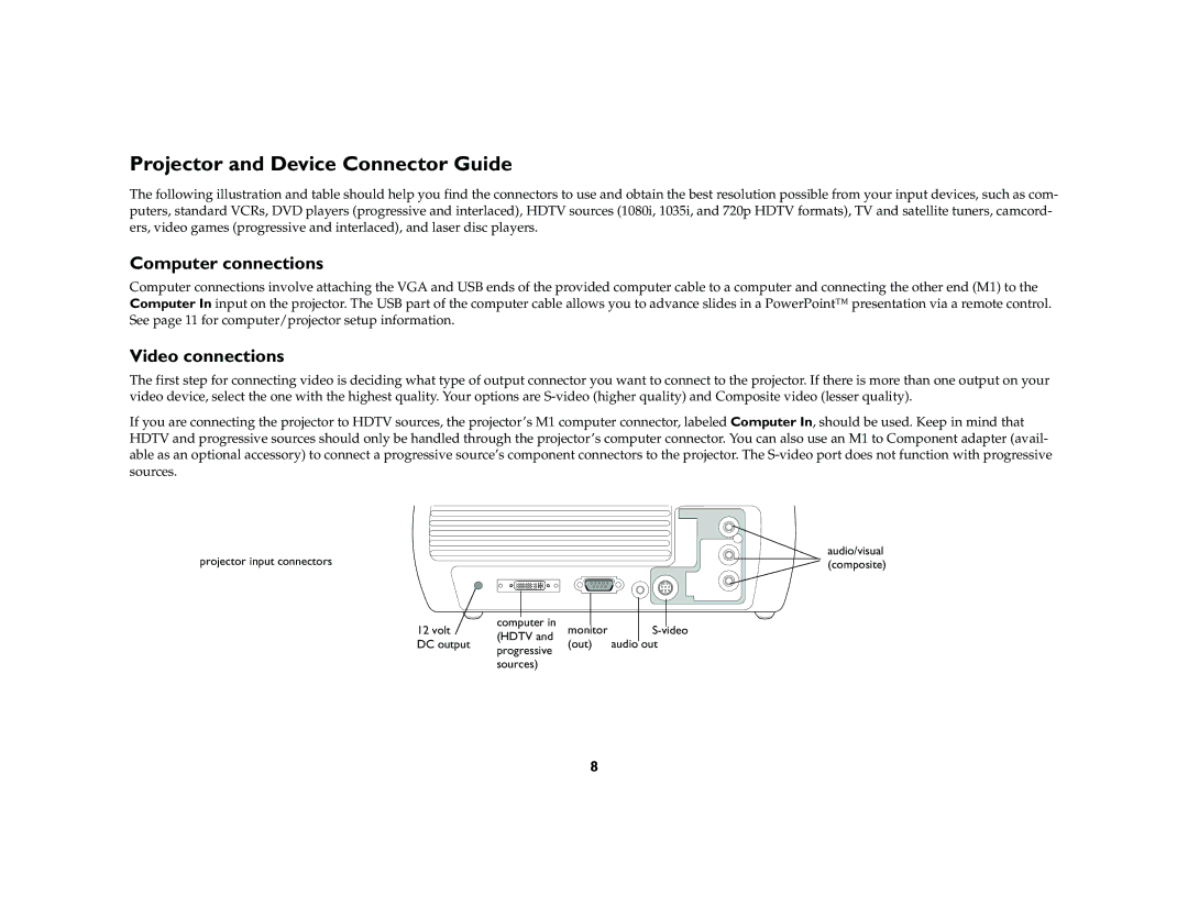 InFocus X2 manual Projector and Device Connector Guide, Computer connections, Video connections 