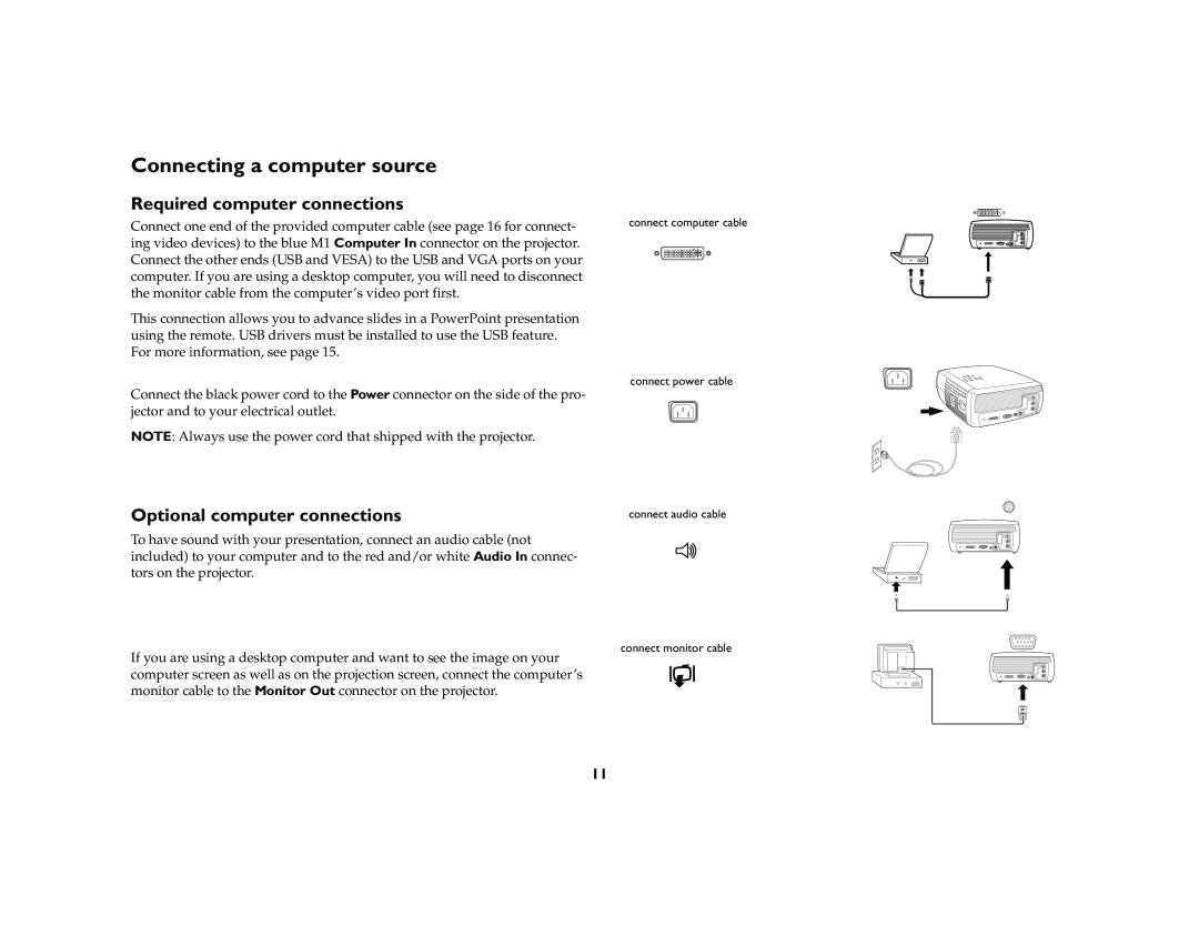 InFocus X2 manual Connecting a computer source, Required computer connections, Optional computer connections 