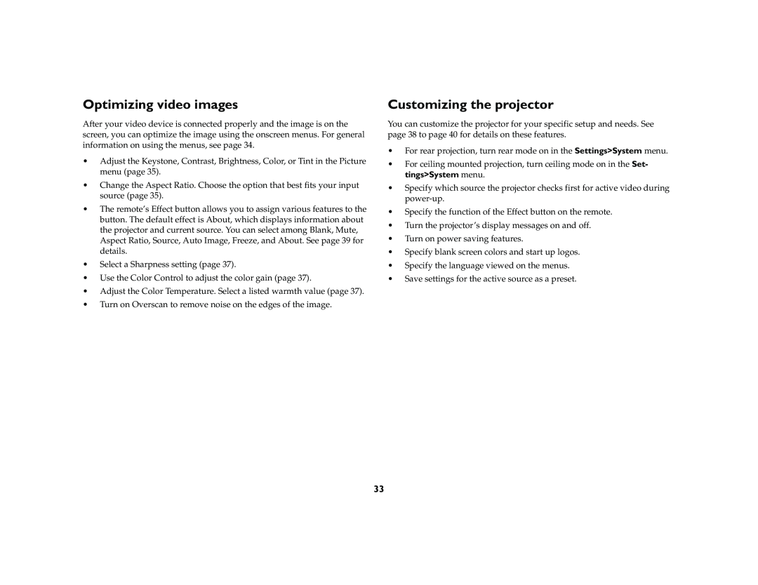 InFocus X2 manual Optimizing video images, Customizing the projector 