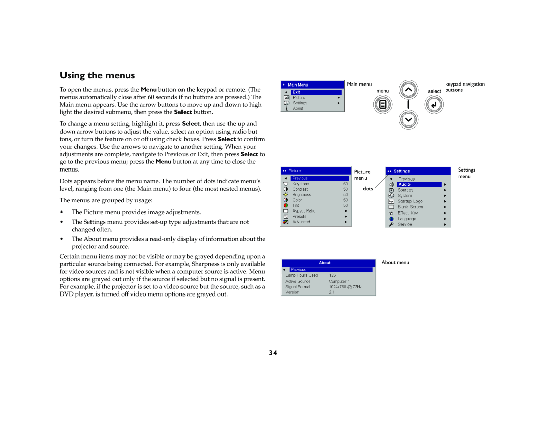 InFocus X2 manual Using the menus 