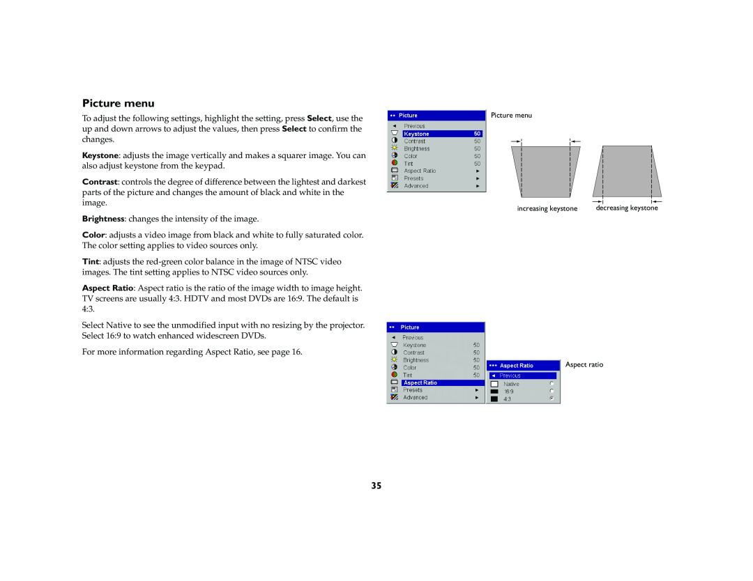 InFocus X2 manual Picture menu 