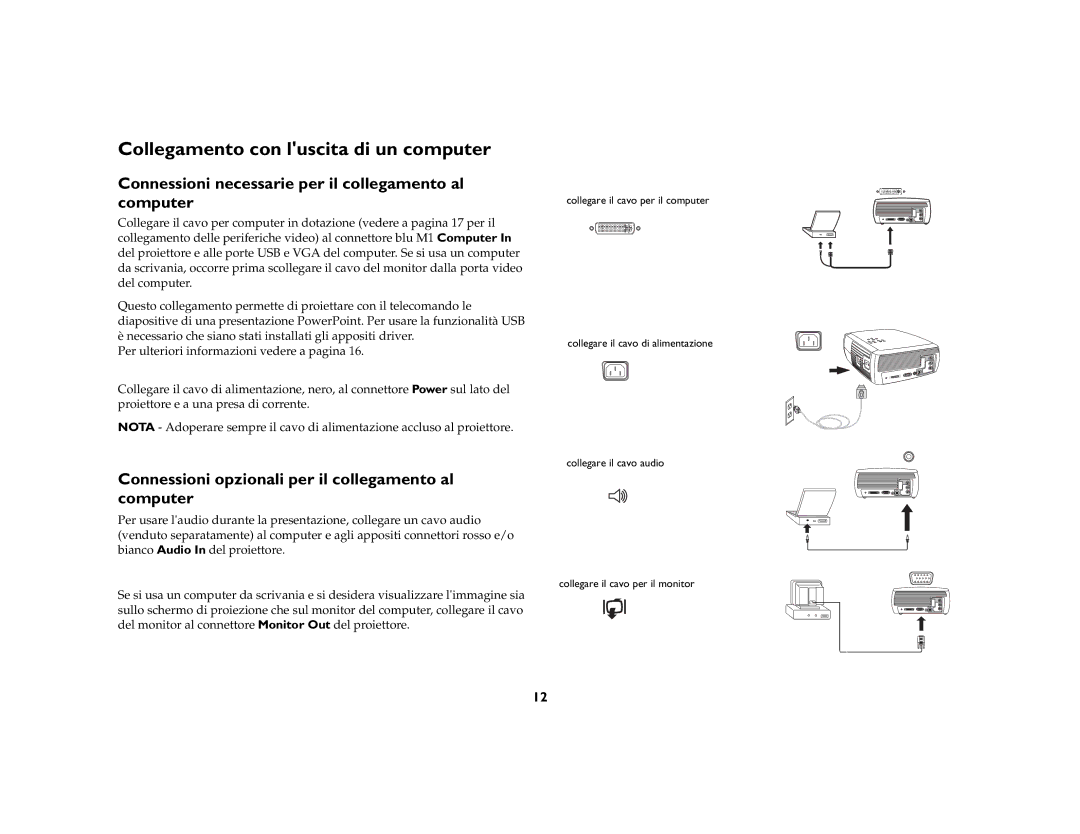 InFocus X3 manual Collegamento con luscita di un computer, Connessioni necessarie per il collegamento al Computer 