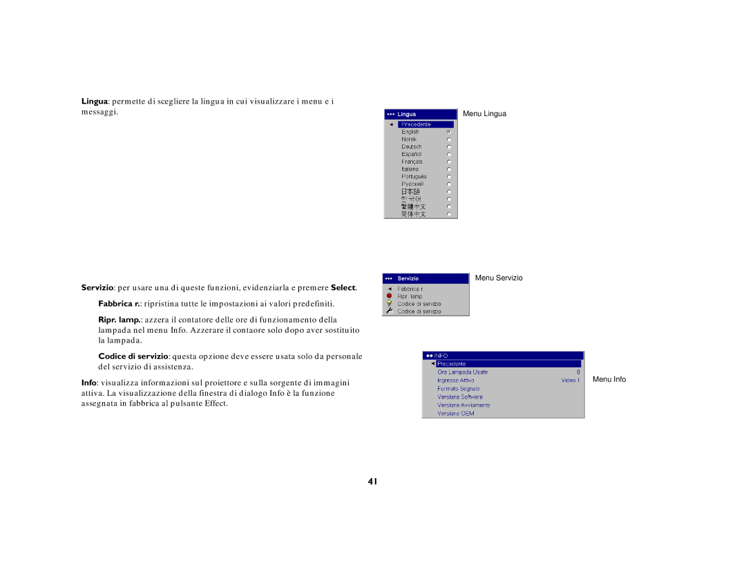 InFocus X3 manual Menu Lingua Menu Servizio Menu Info 