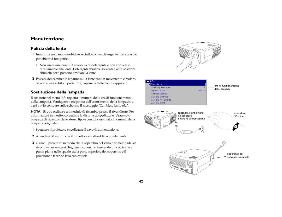 InFocus X3 manual Manutenzione, Pulizia della lente, Sostituzione della lampada 