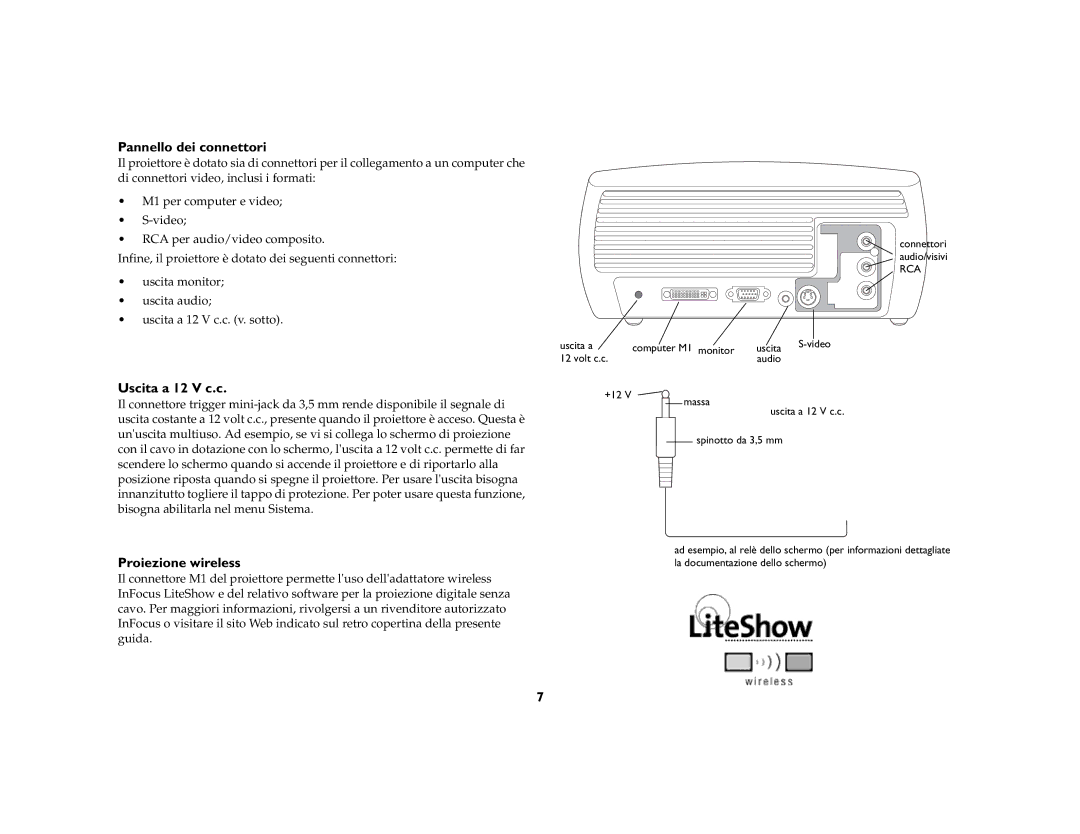 InFocus X3 manual Pannello dei connettori, Uscita a 12 V c.c, Proiezione wireless 
