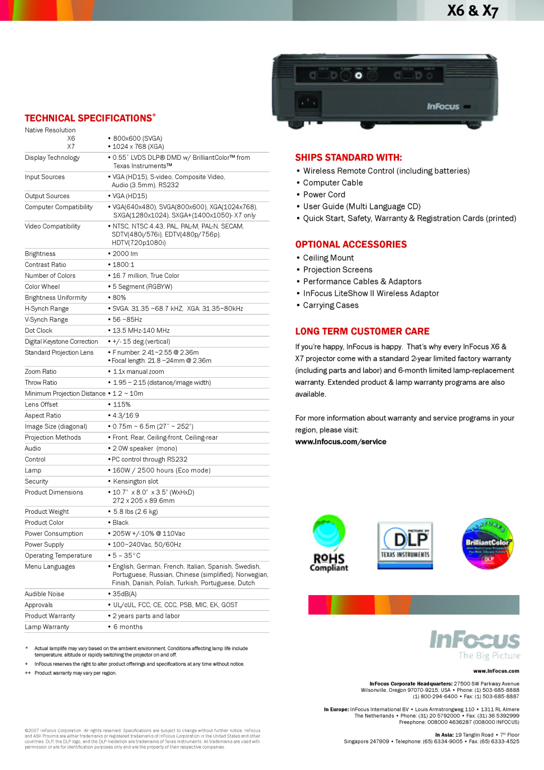 InFocus X6, X7 manual Technical SPECIFICATIONS+, Ships Standard with, Optional Accessories, Long term customer care 