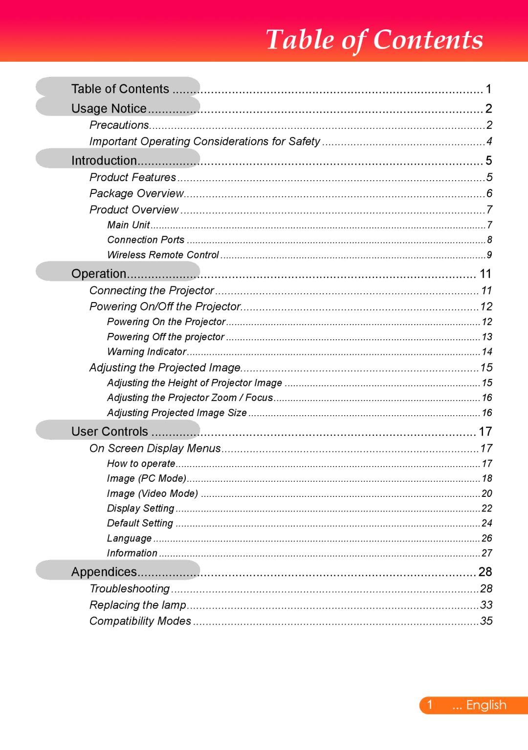 InFocus X6, X7 manual Table of Contents 