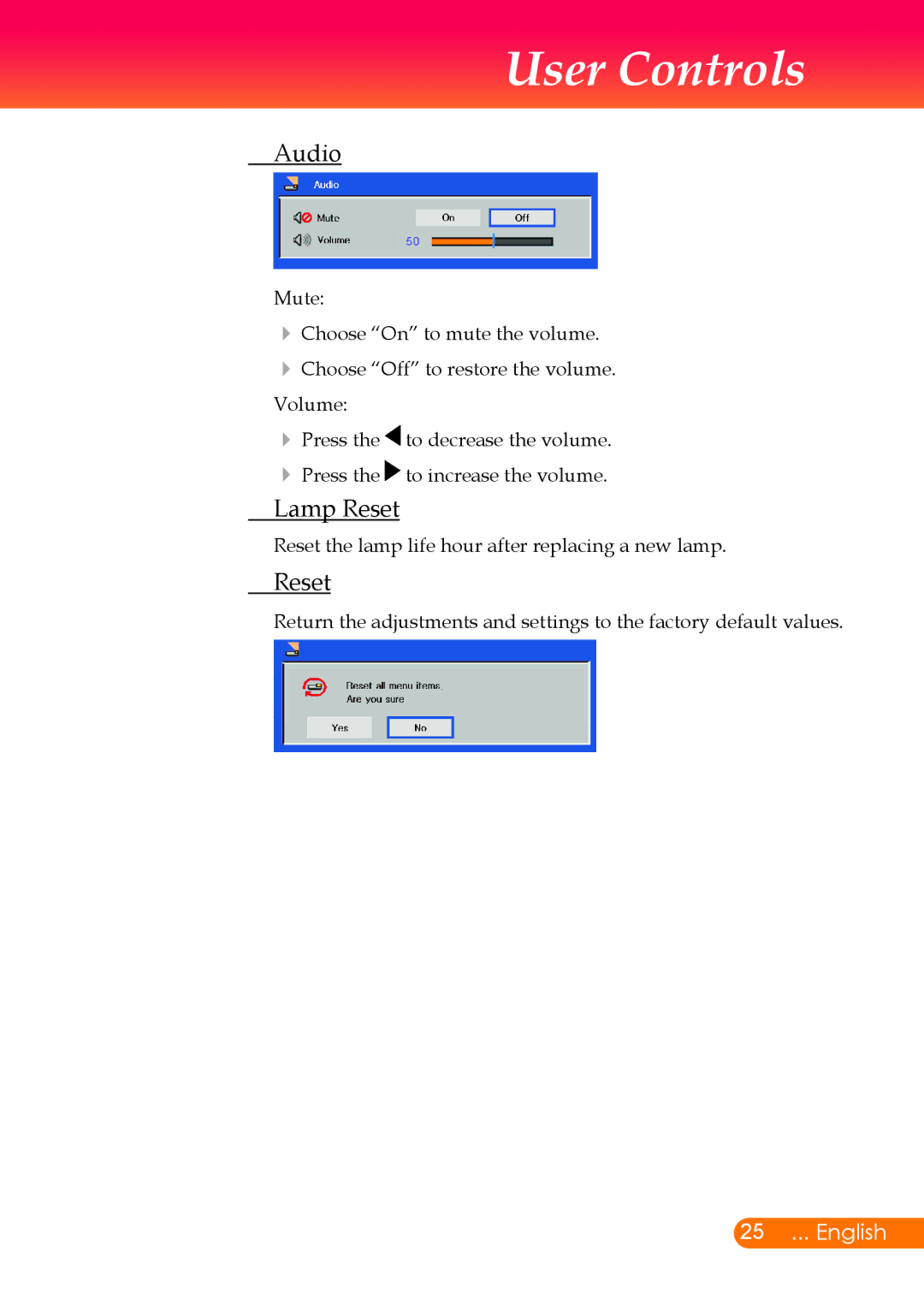 InFocus X6, X7 manual Audio, Lamp Reset 