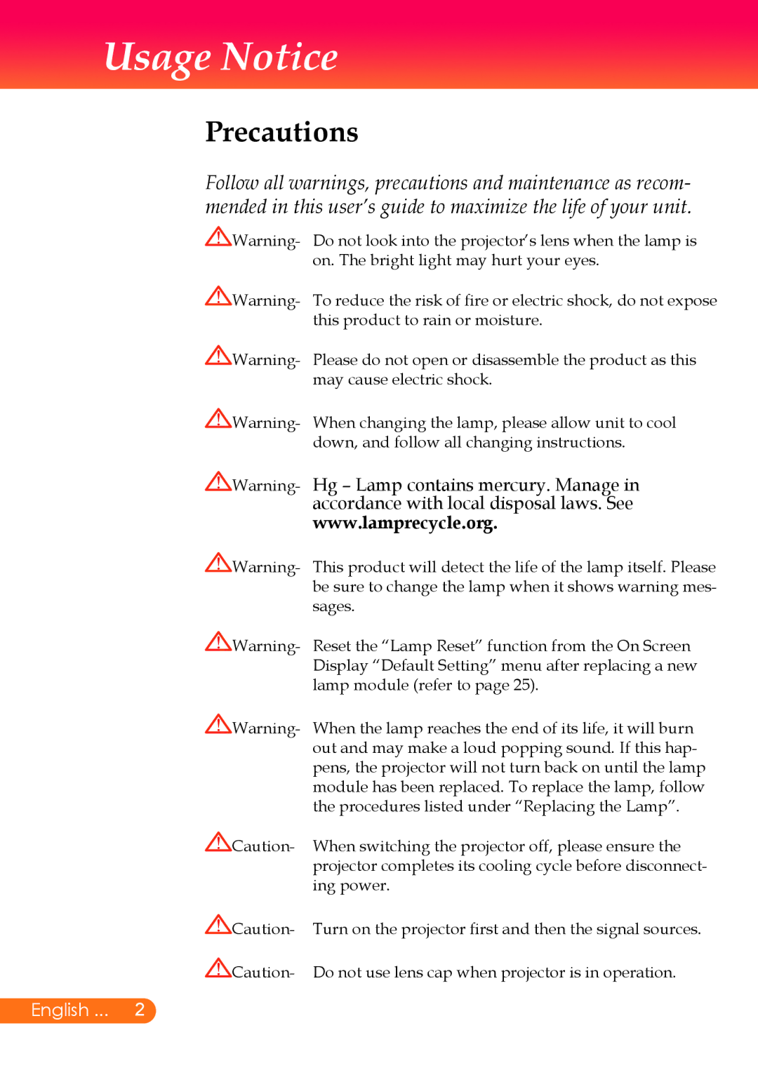 InFocus X7, X6 manual Usage Notice, Precautions 