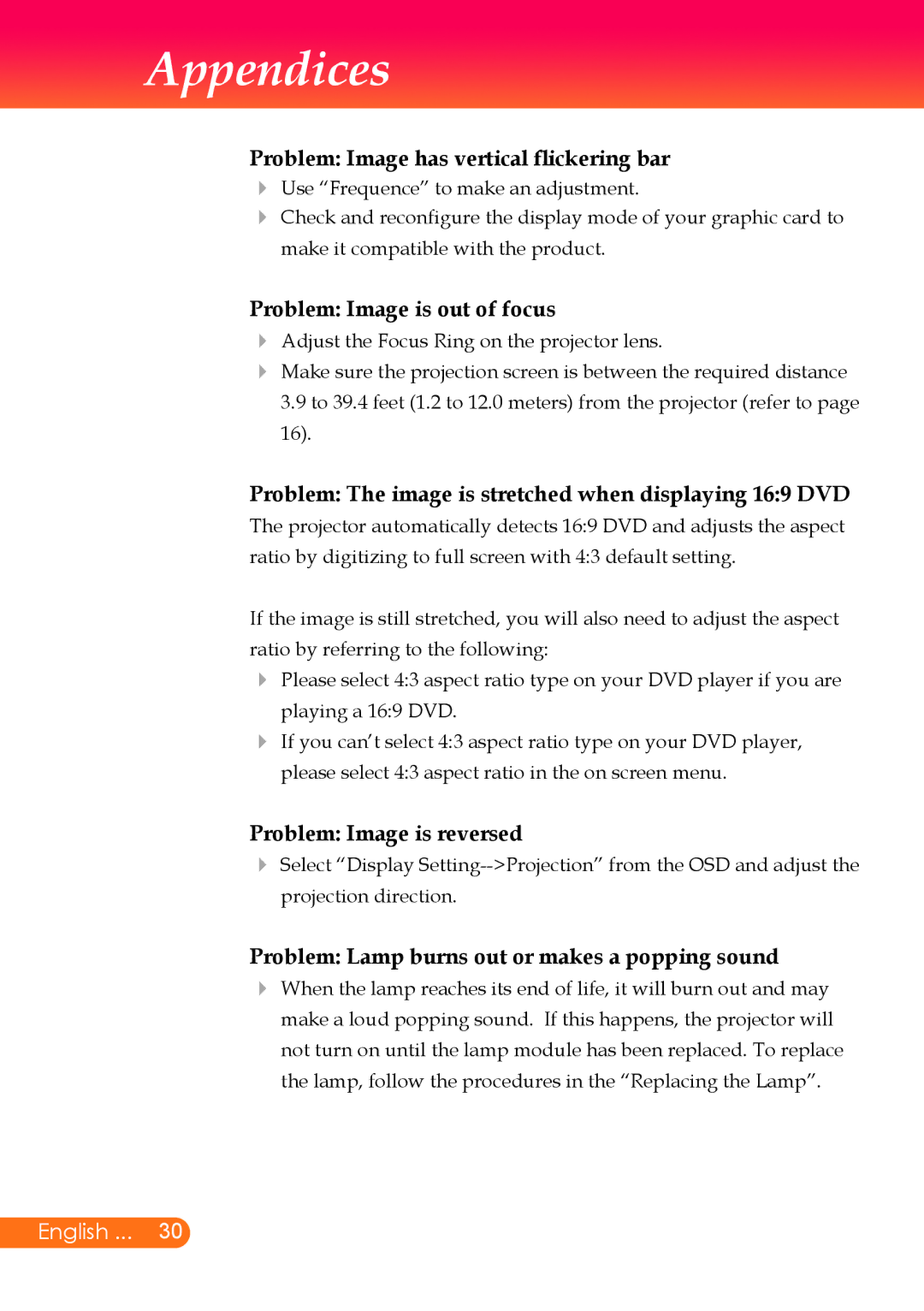 InFocus X7, X6 manual Problem Image has vertical flickering bar, Problem Image is out of focus, Problem Image is reversed 