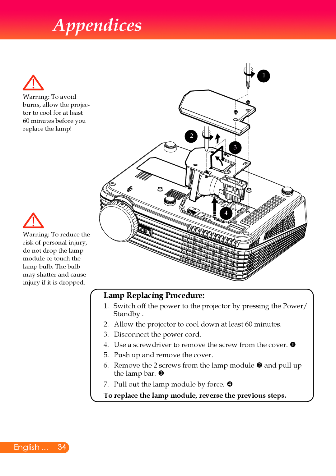 InFocus X7, X6 manual Lamp Replacing Procedure 