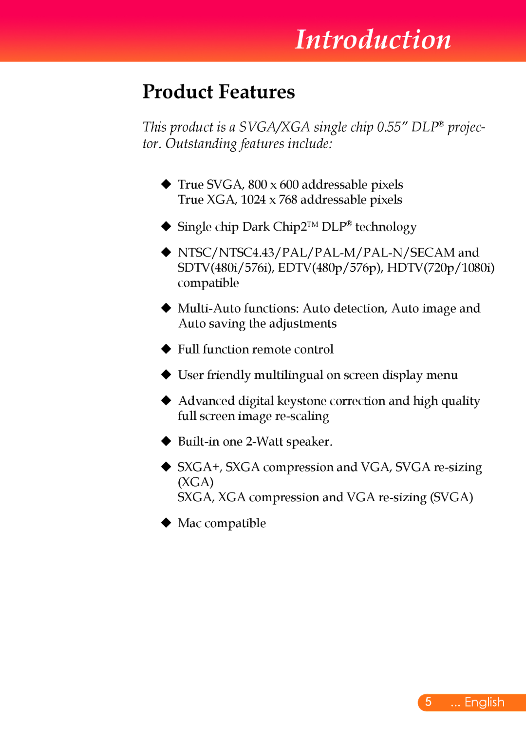 InFocus X6, X7 manual Introduction, Product Features 