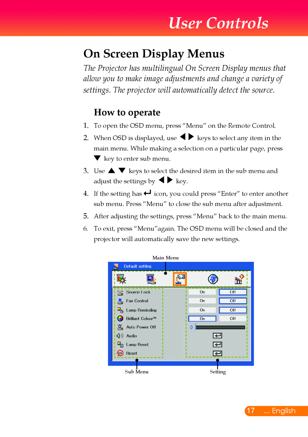 InFocus X6, X7 manual User Controls, On Screen Display Menus, How to operate, English 