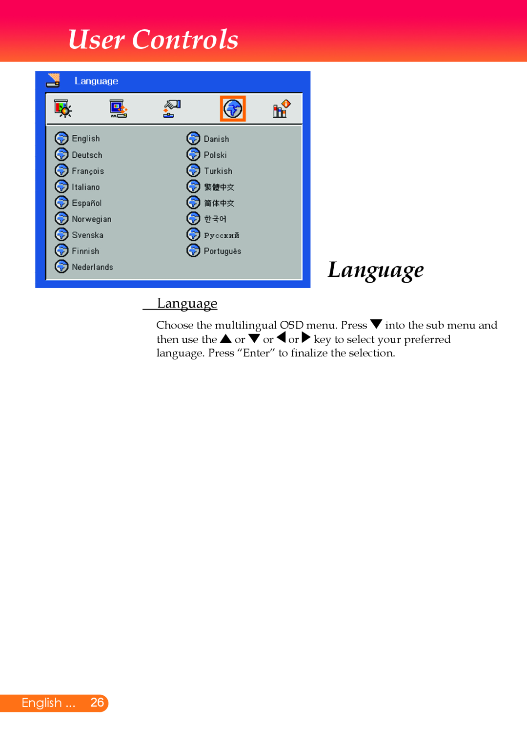 InFocus X7, X6 manual Language, User Controls, English 