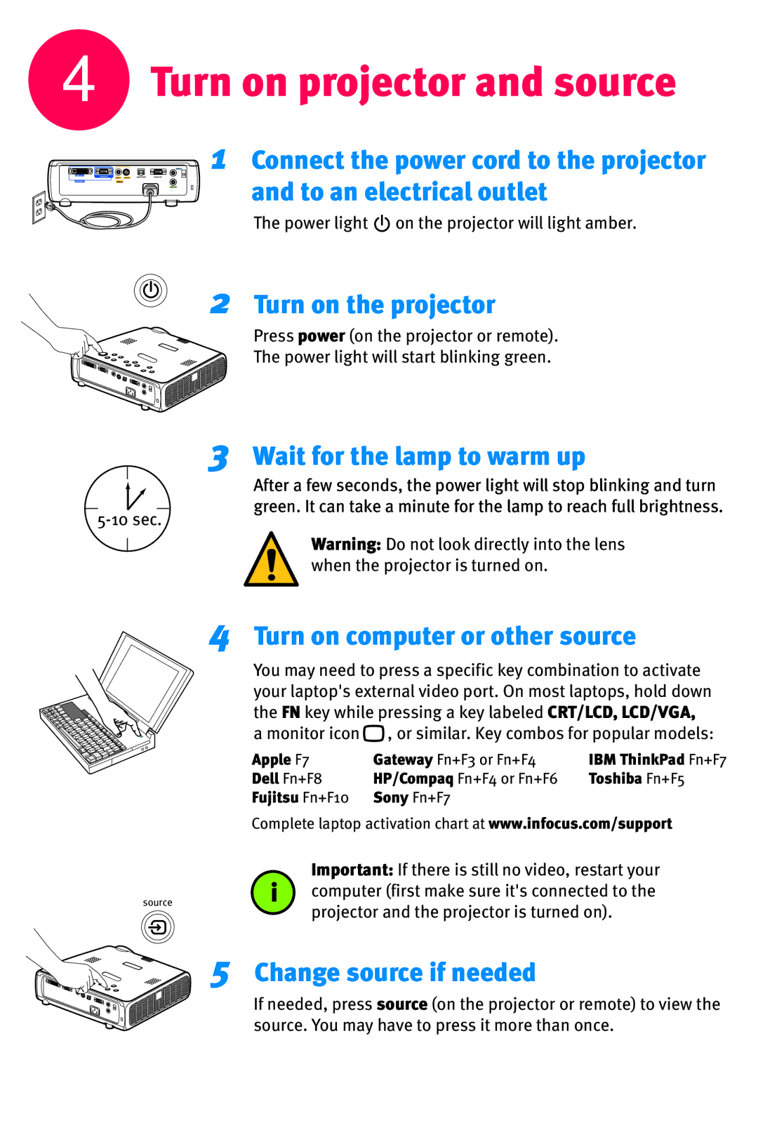 InFocus X8 Turn on projector and source, Turn on the projector, Wait for the lamp to warm up, Change source if needed 