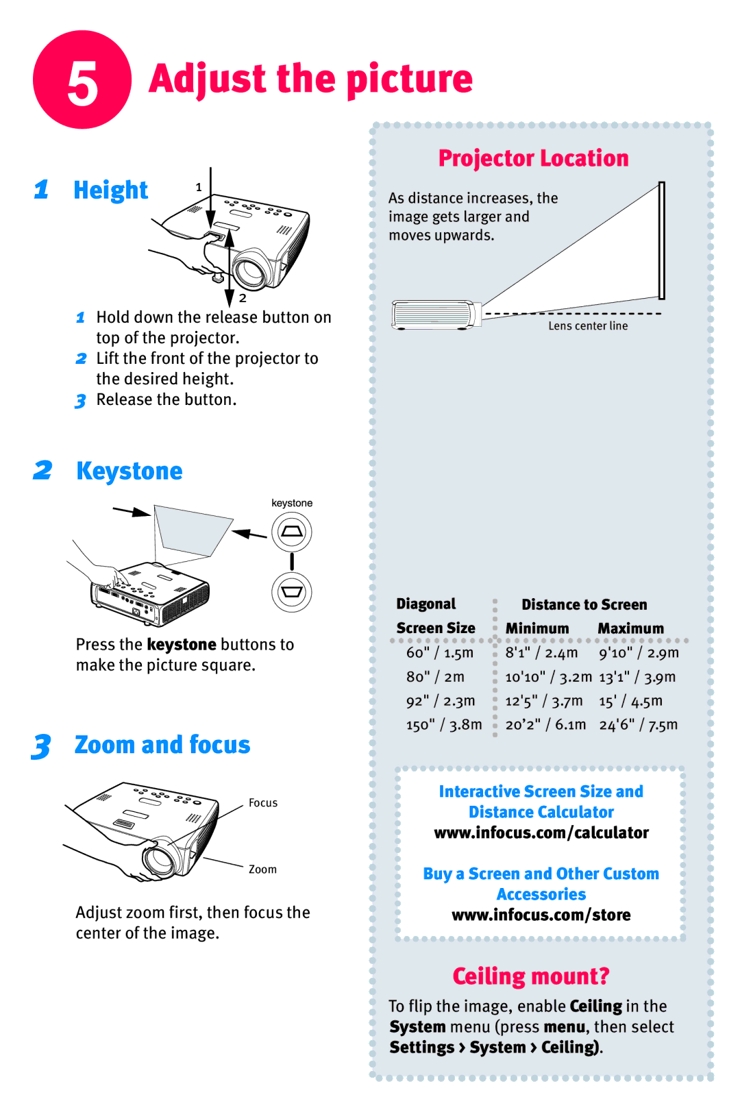 InFocus X8 Adjust the picture, Height, Keystone, Zoom and focus, Diagonal Distance to Screen Screen Size Minimum Maximum 