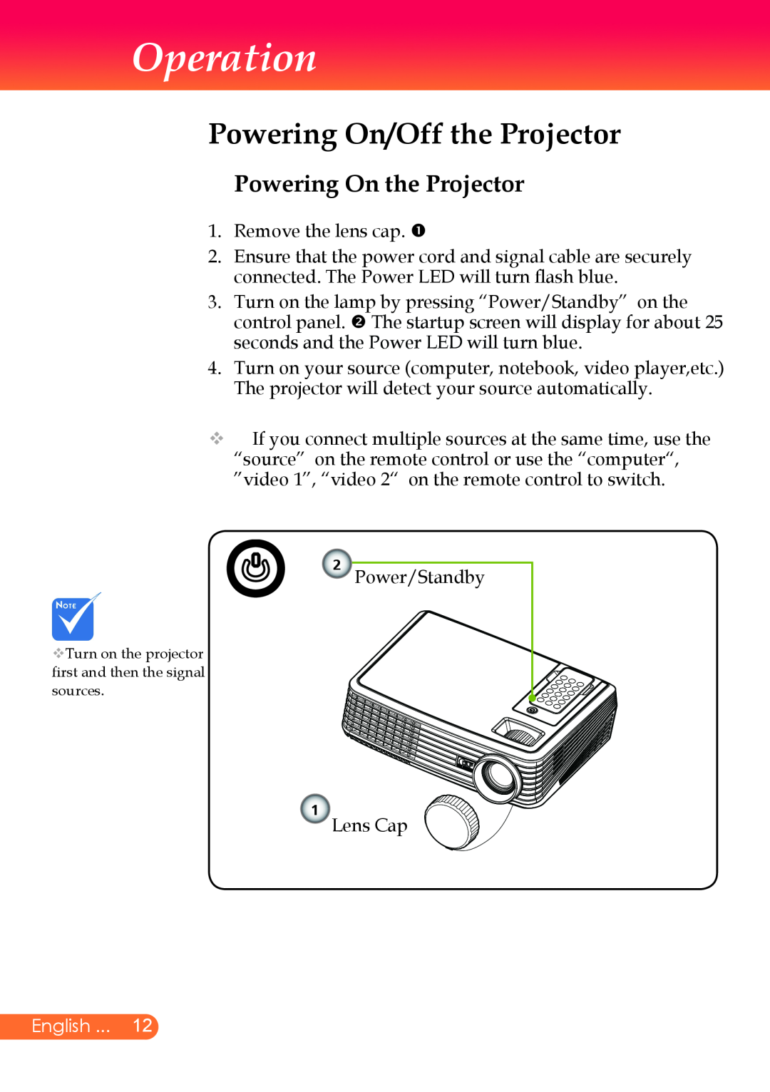 InFocus X9 manual Powering On/Off the Projector, Powering On the Projector, Operation, English 
