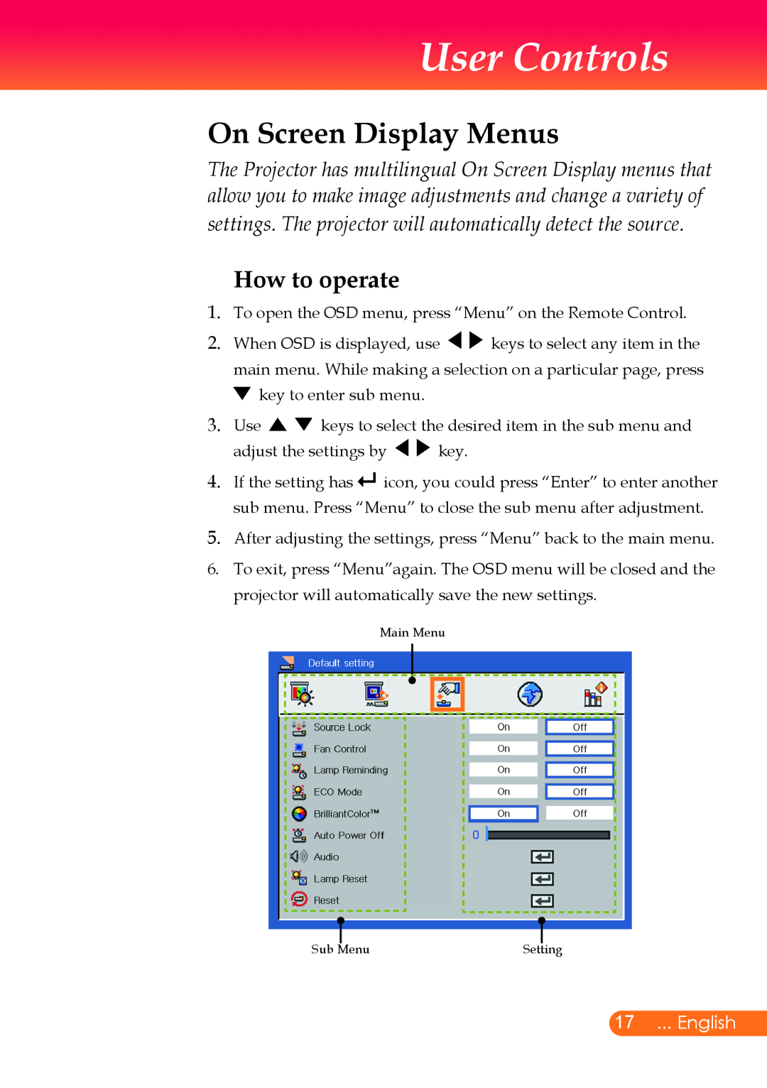 InFocus X9 manual User Controls, On Screen Display Menus, How to operate, English 