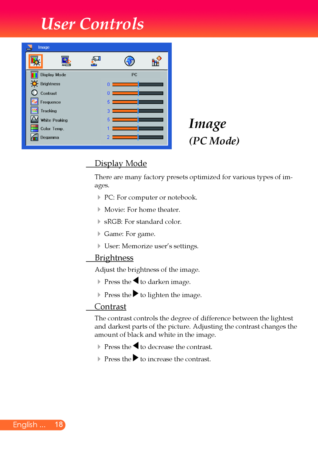 InFocus X9 manual Image, PC Mode, Display Mode, Brightness, Contrast, User Controls, English 