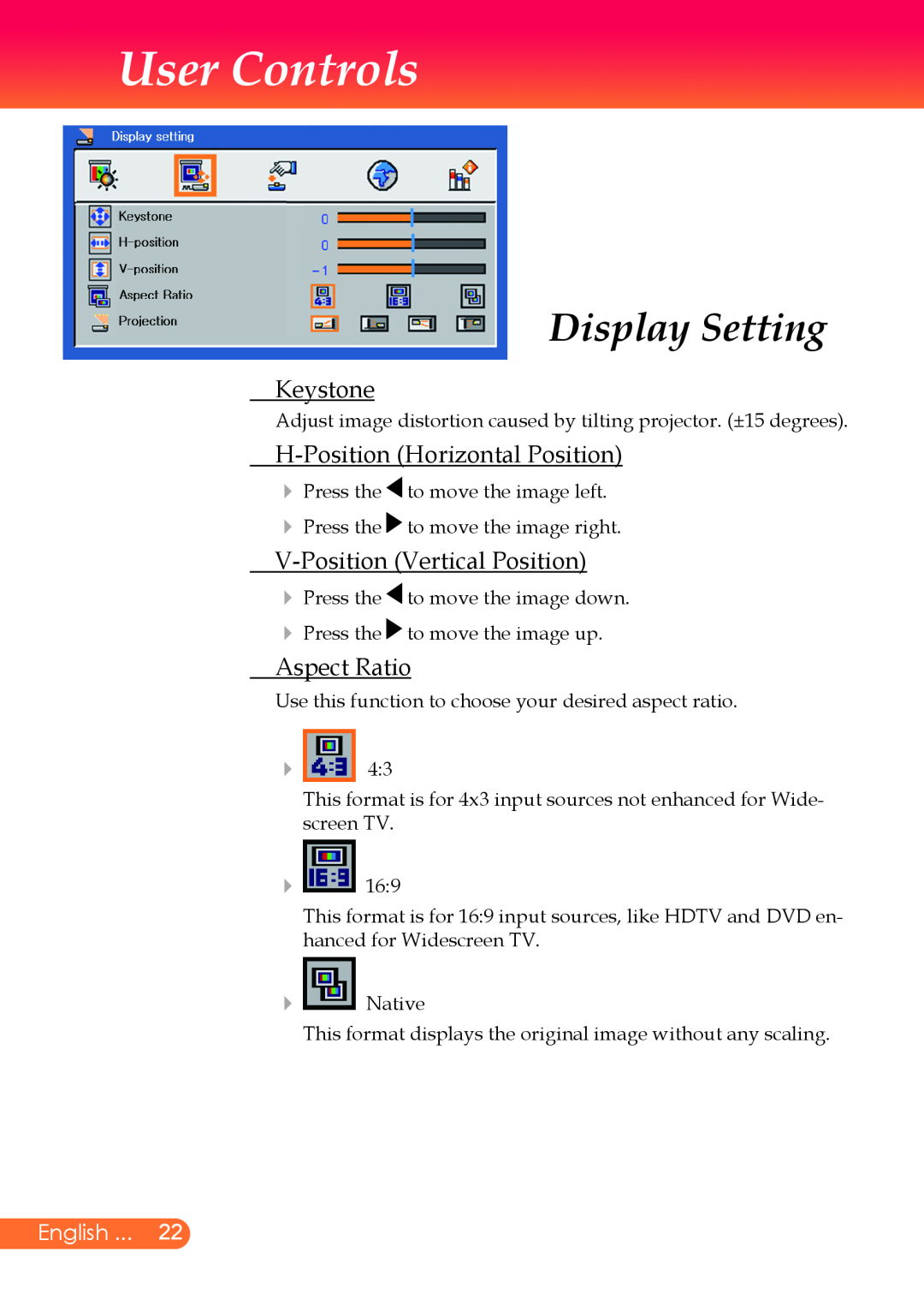 InFocus X9 Display Setting, Keystone, H-Position Horizontal Position, V-Position Vertical Position, Aspect Ratio, English 