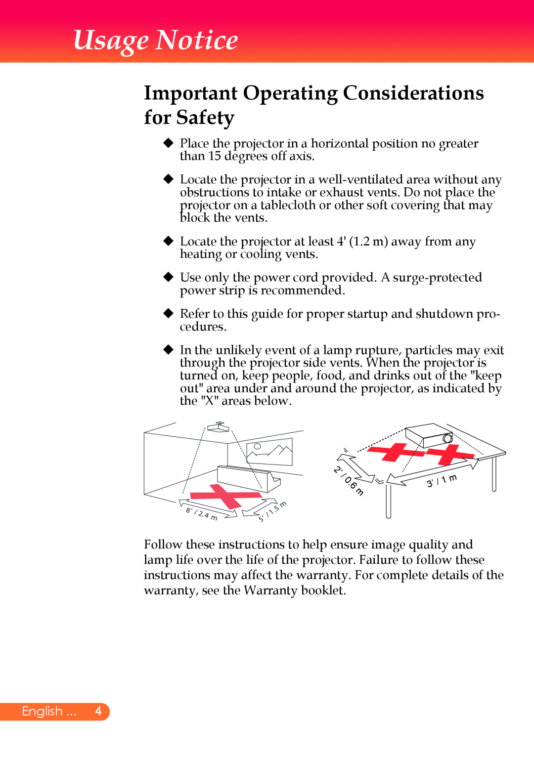 InFocus X9 manual Important Operating Considerations for Safety, English ... , Usage Notice, 2 ’ / 0 . 6 m 