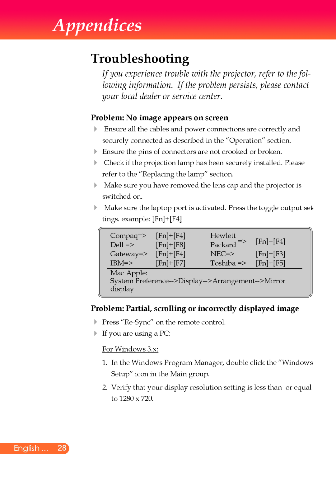 InFocus X9 manual Appendices, Troubleshooting, Problem No image appears on screen 