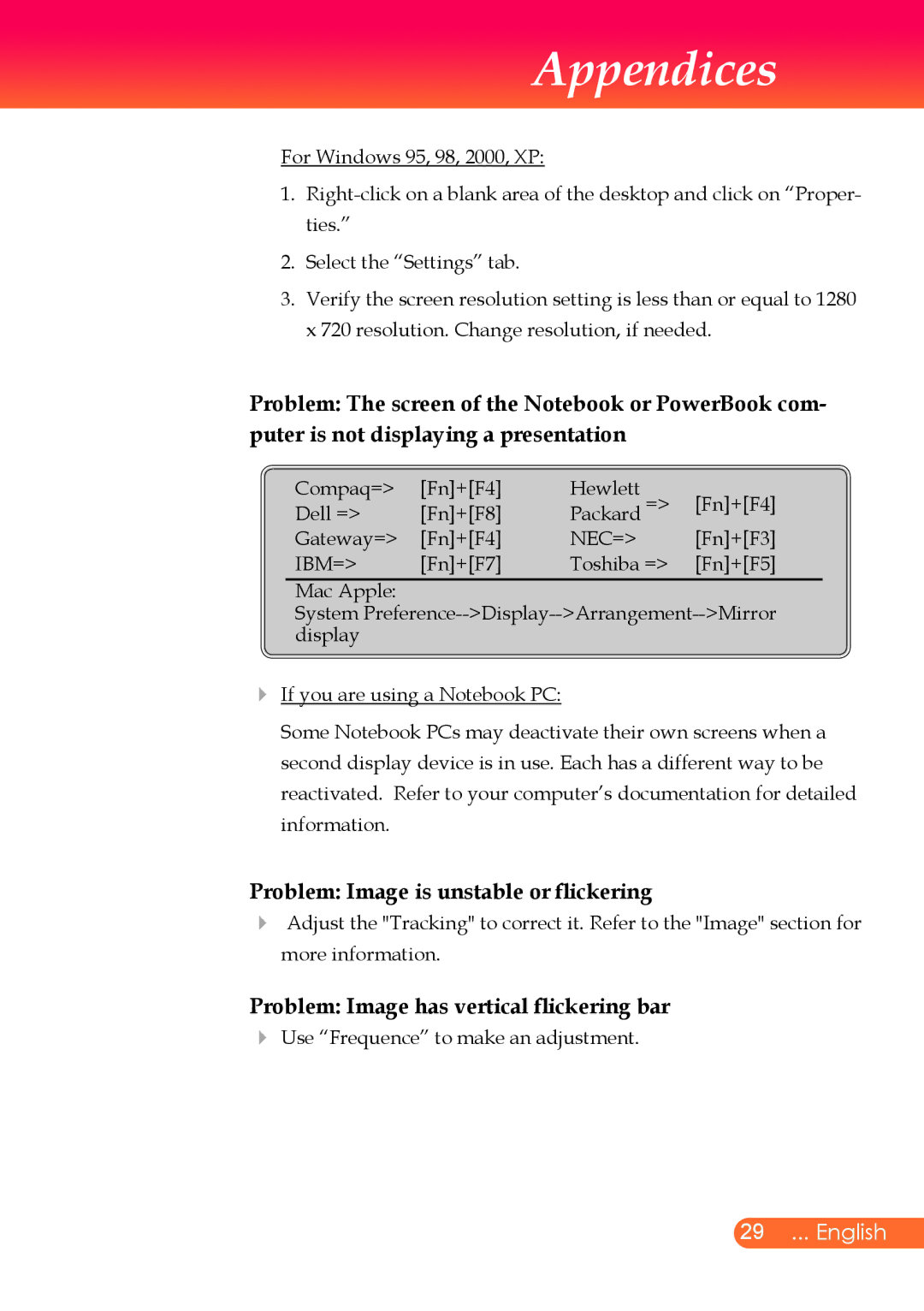 InFocus X9 manual Problem Image is unstable or flickering, Problem Image has vertical flickering bar 