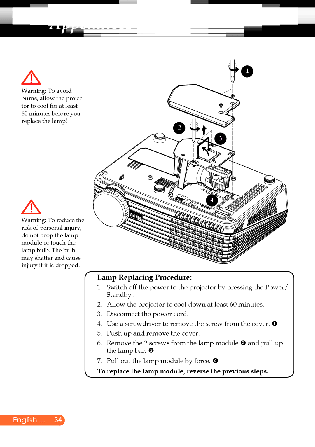 InFocus X9 manual Lamp Replacing Procedure 