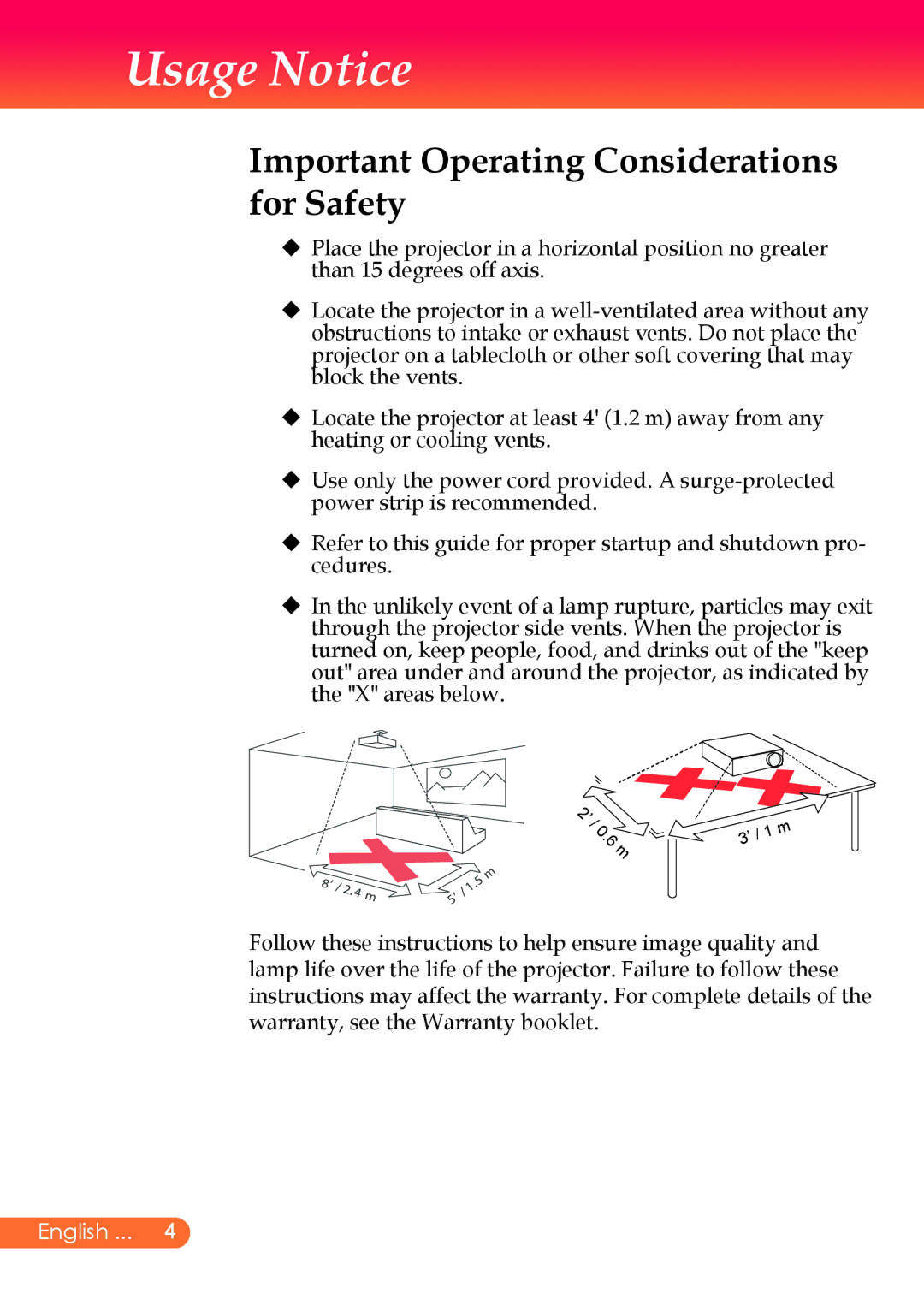 InFocus X9 manual Important Operating Considerations for Safety, ’ / 0 m 