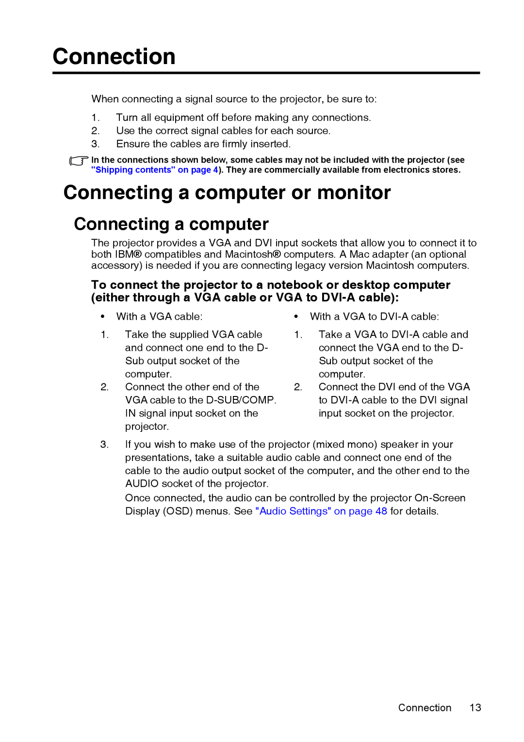 InFocus XS1 manual Connection, Connecting a computer or monitor 