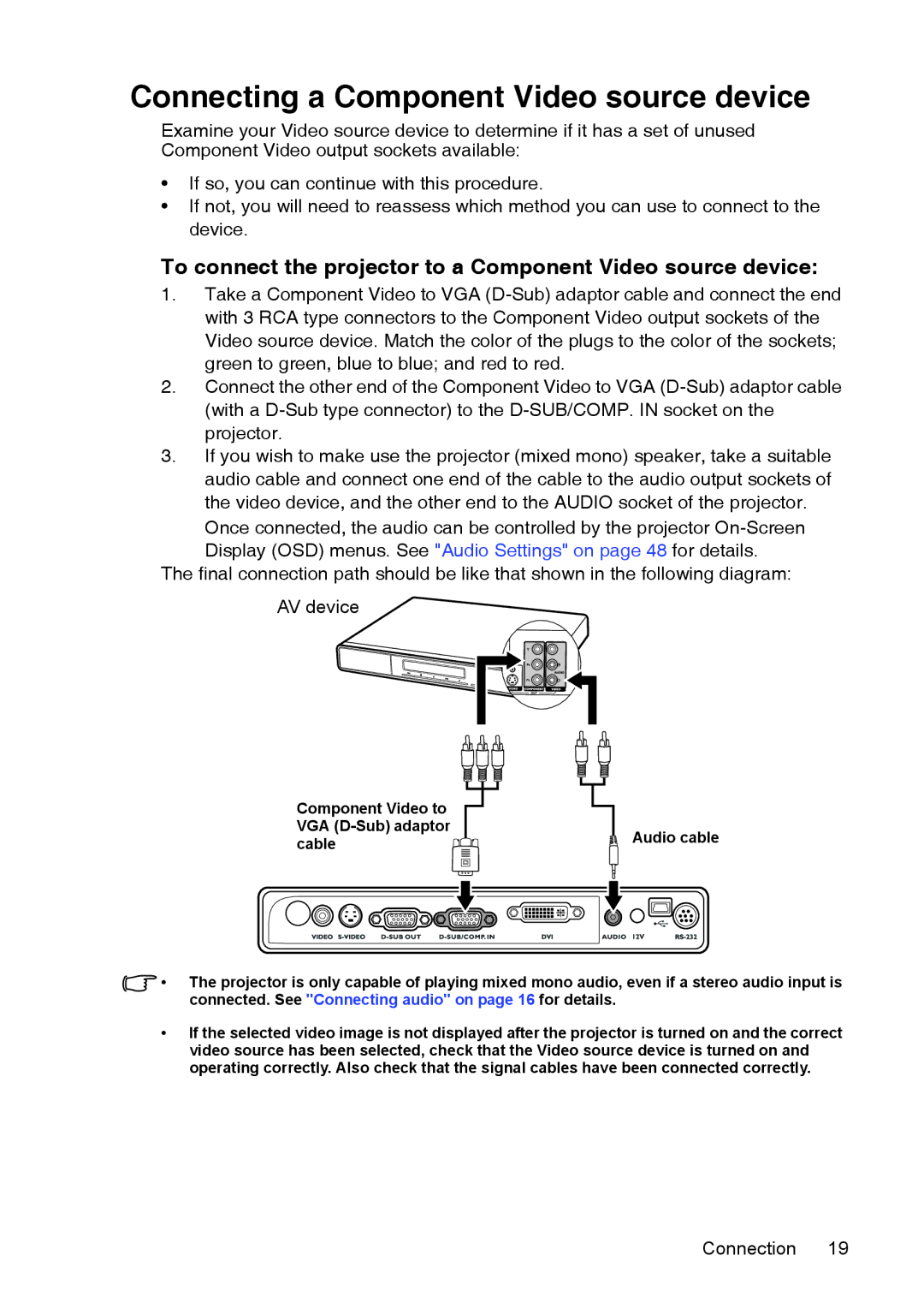 InFocus XS1 manual Connecting a Component Video source device, To connect the projector to a Component Video source device 