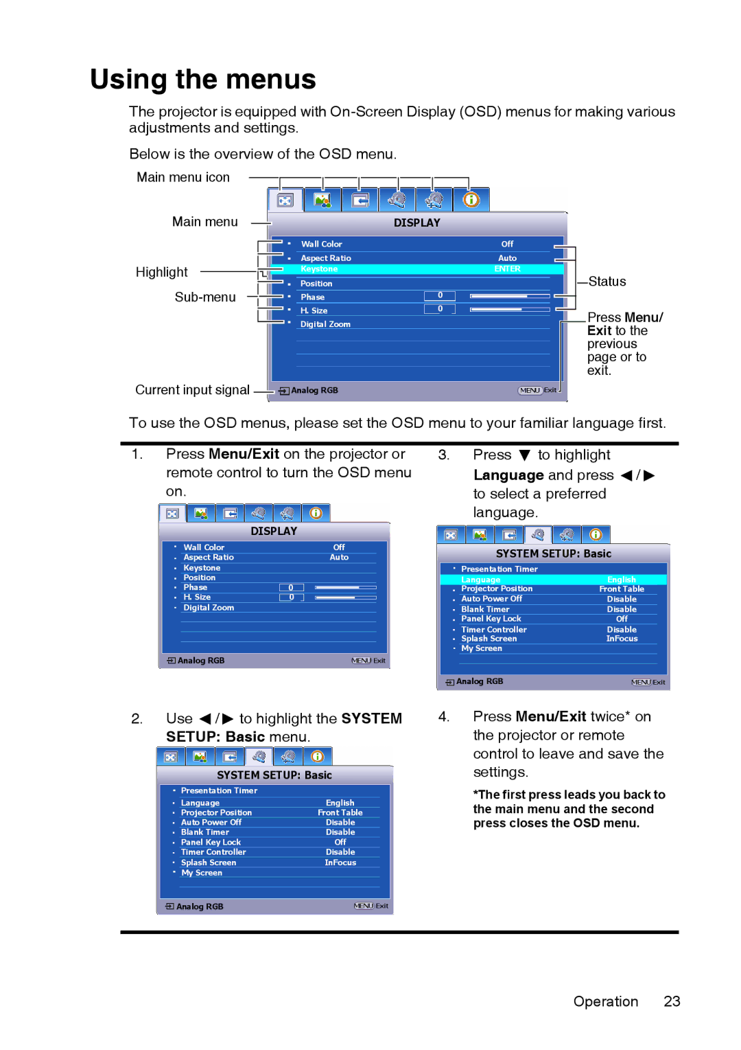 InFocus XS1 manual Using the menus, Sub-menu 