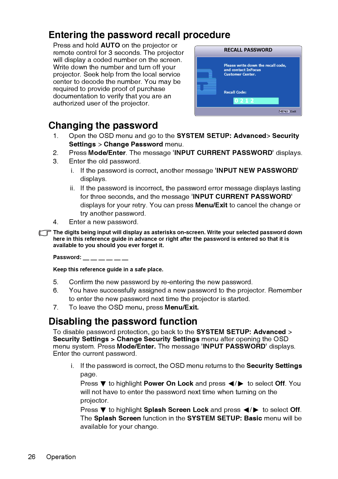 InFocus XS1 manual Entering the password recall procedure, Changing the password, Disabling the password function 