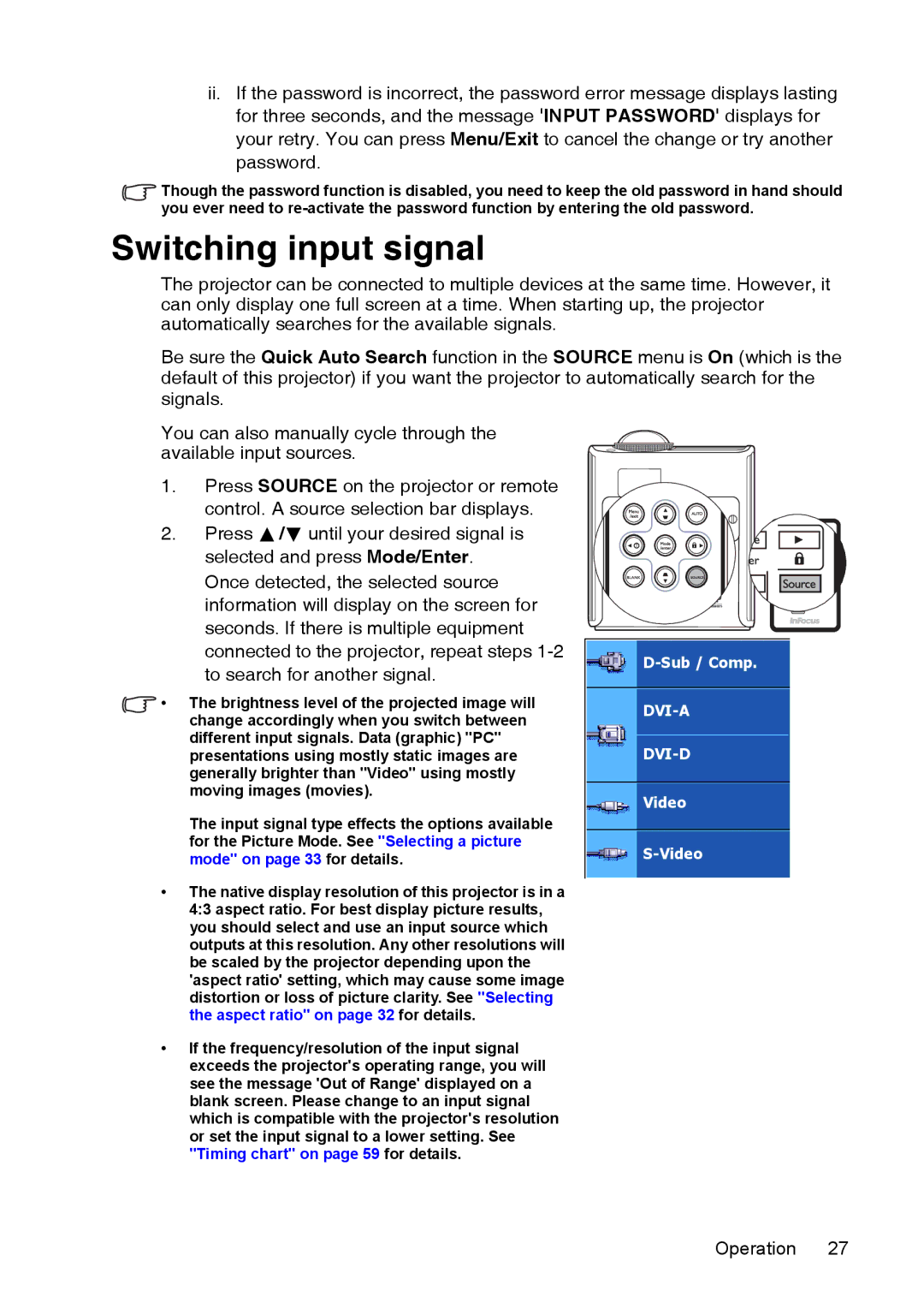 InFocus XS1 manual Switching input signal, Dvi-A Dvi-D 