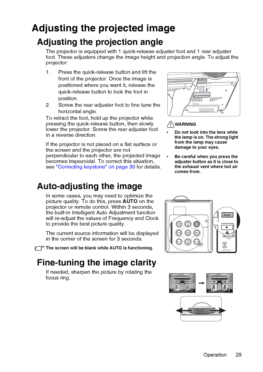 InFocus XS1 manual Adjusting the projected image, Adjusting the projection angle, Auto-adjusting the image 