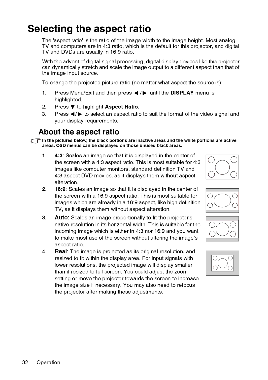 InFocus XS1 manual Selecting the aspect ratio, About the aspect ratio 