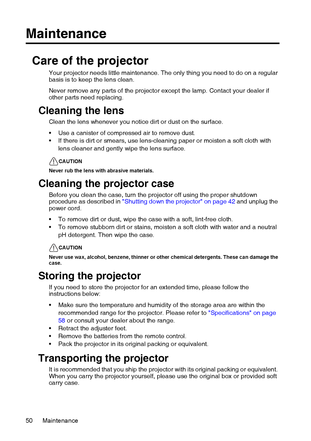 InFocus XS1 manual Maintenance, Care of the projector 