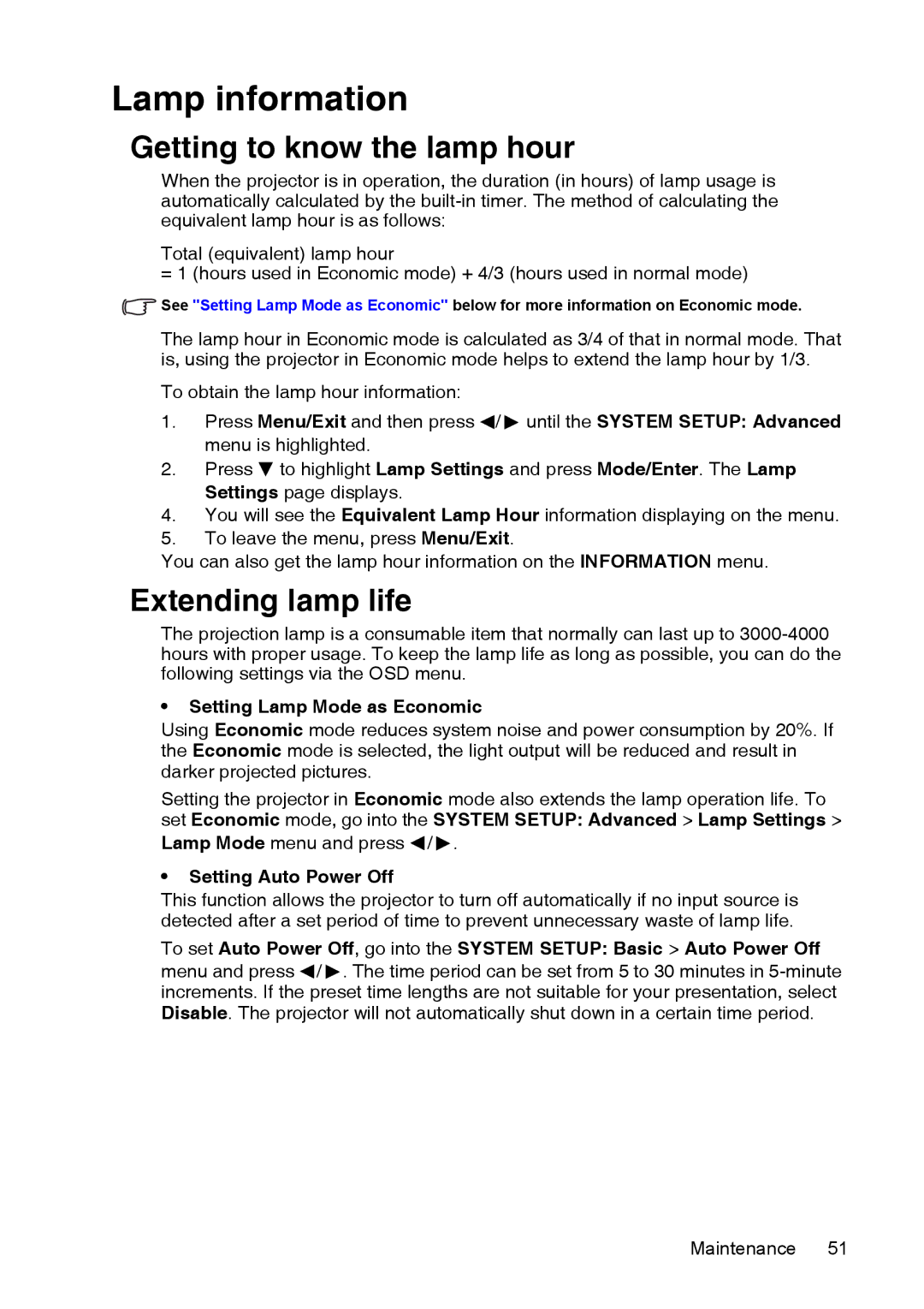 InFocus XS1 manual Lamp information, Getting to know the lamp hour, Extending lamp life, Setting Lamp Mode as Economic 