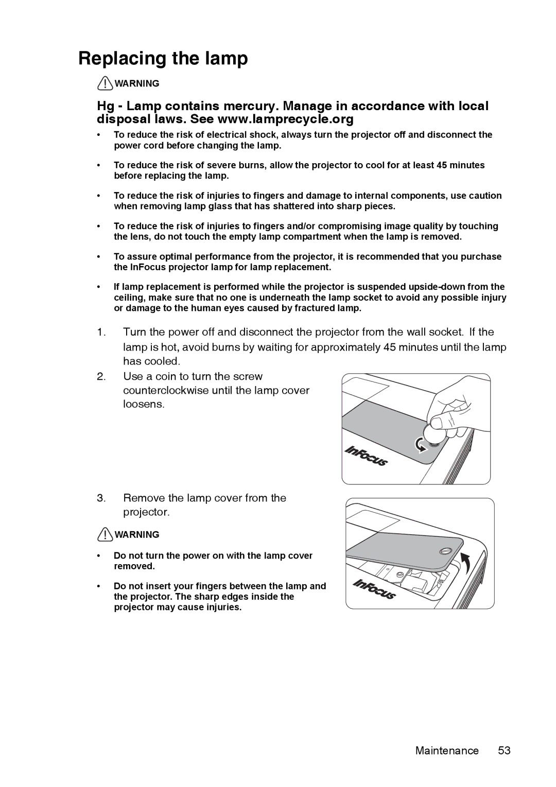 InFocus XS1 manual Replacing the lamp 