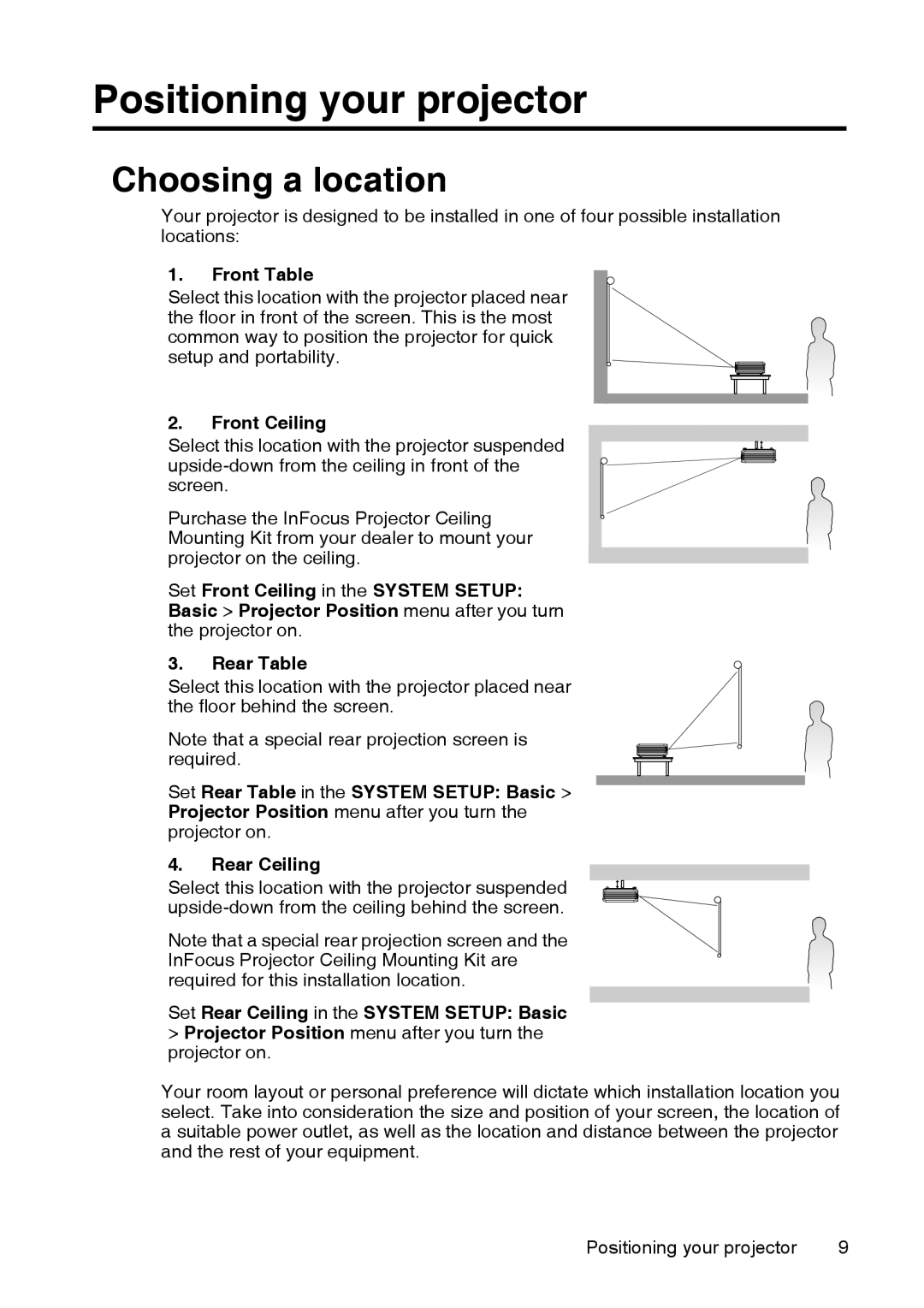 InFocus XS1 manual Positioning your projector, Choosing a location, Front Table, Front Ceiling 