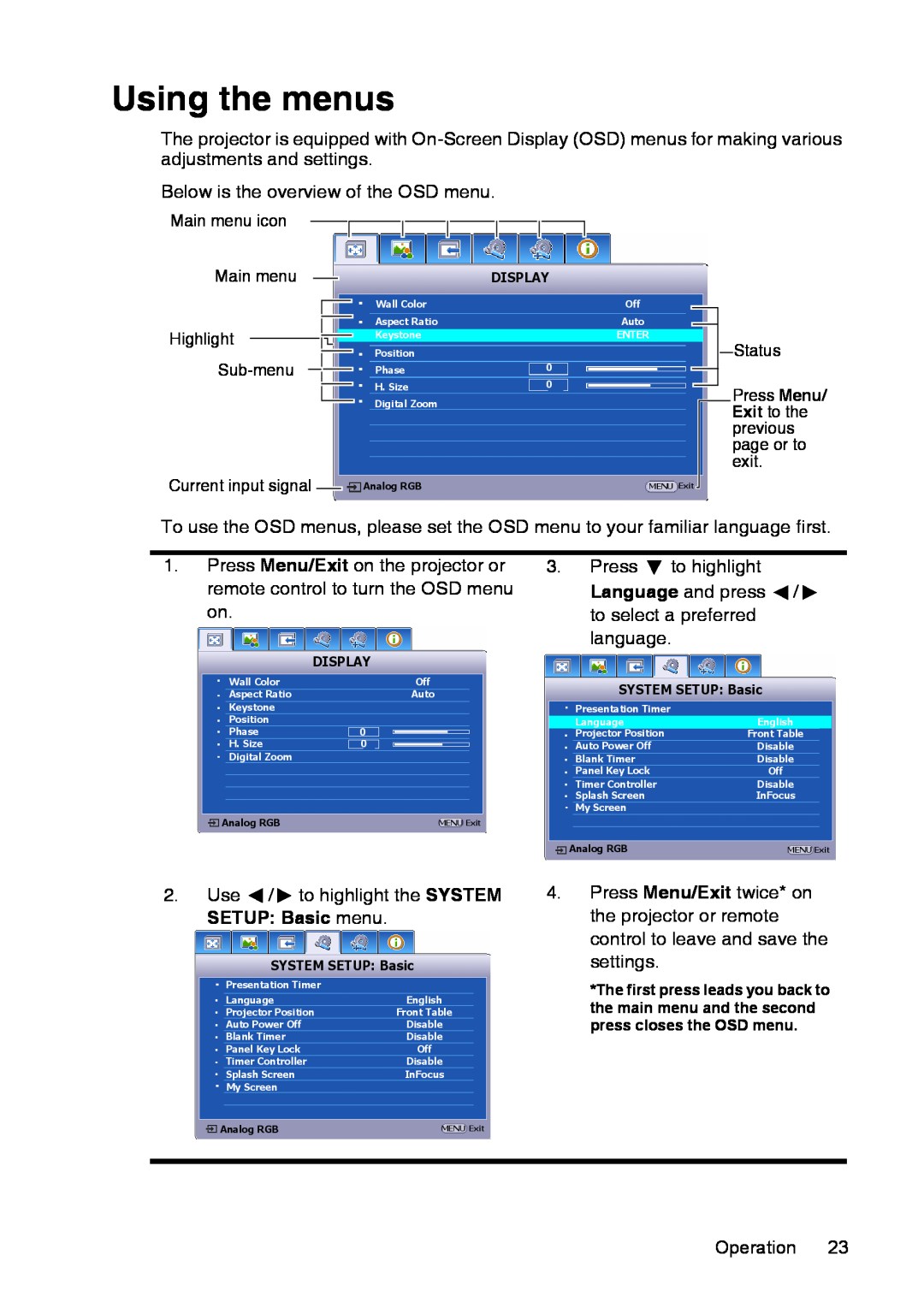 InFocus XS1 manual Using the menus, Operation 