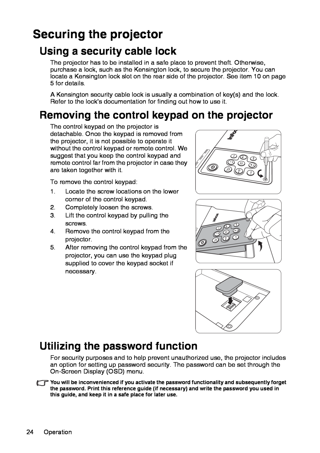 InFocus XS1 manual Securing the projector, Using a security cable lock, Removing the control keypad on the projector 