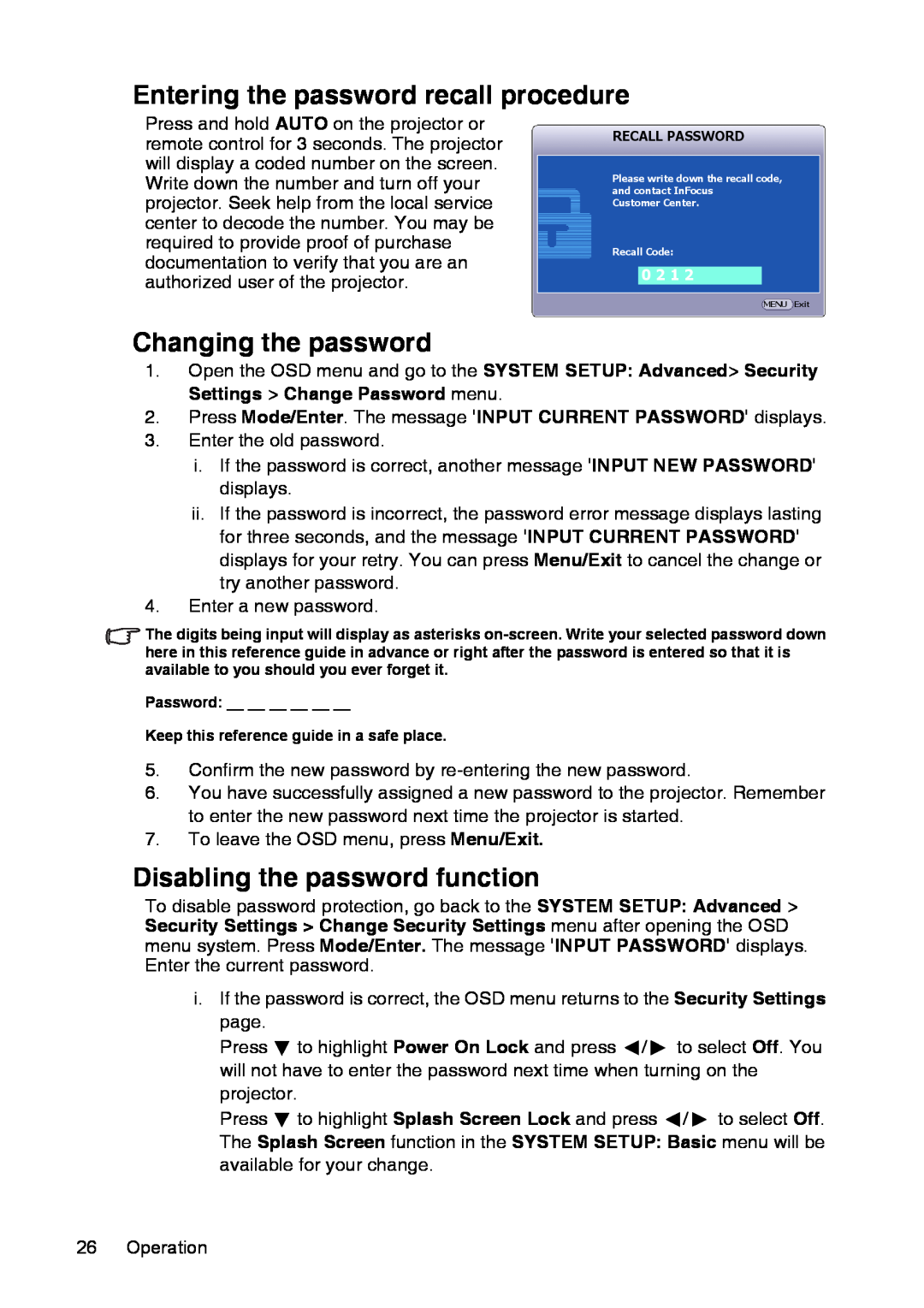 InFocus XS1 manual Entering the password recall procedure, Changing the password, Disabling the password function 