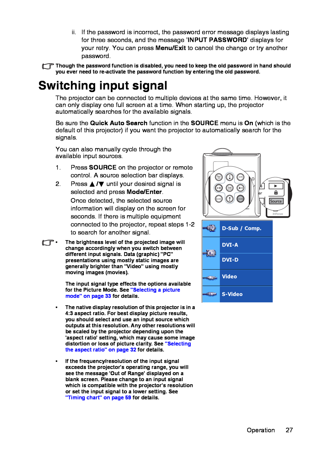 InFocus XS1 manual Switching input signal 