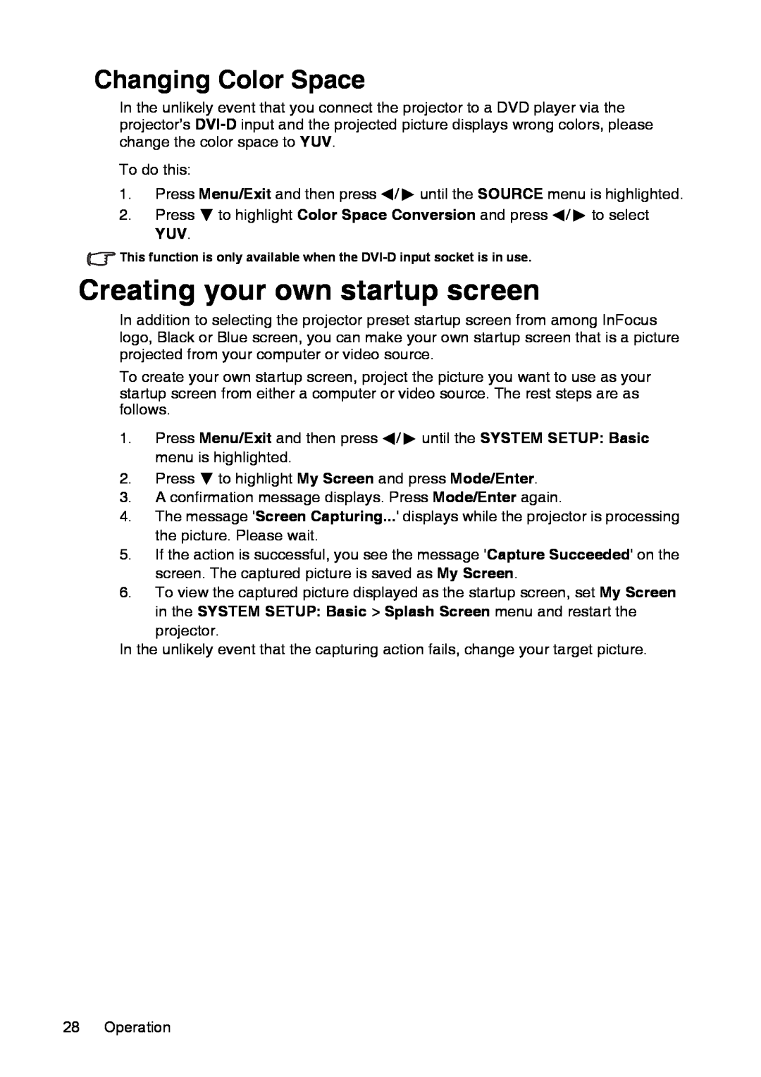 InFocus XS1 manual Creating your own startup screen, Changing Color Space 