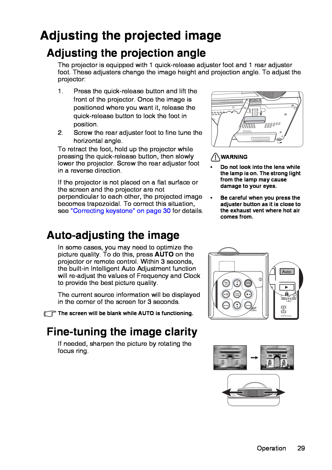 InFocus XS1 manual Adjusting the projected image, Adjusting the projection angle, Auto-adjusting the image 