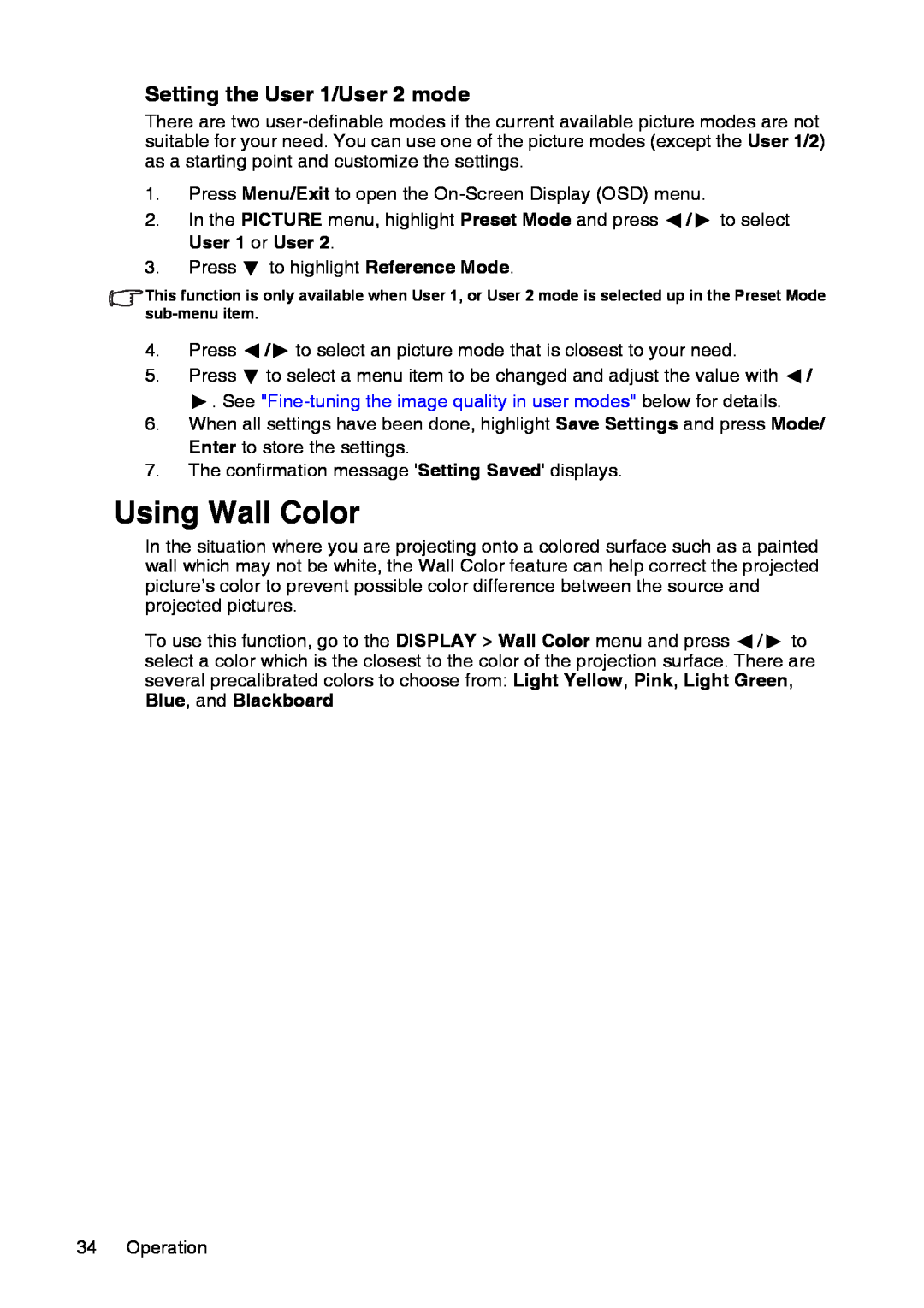 InFocus XS1 manual Using Wall Color, Setting the User 1/User 2 mode 